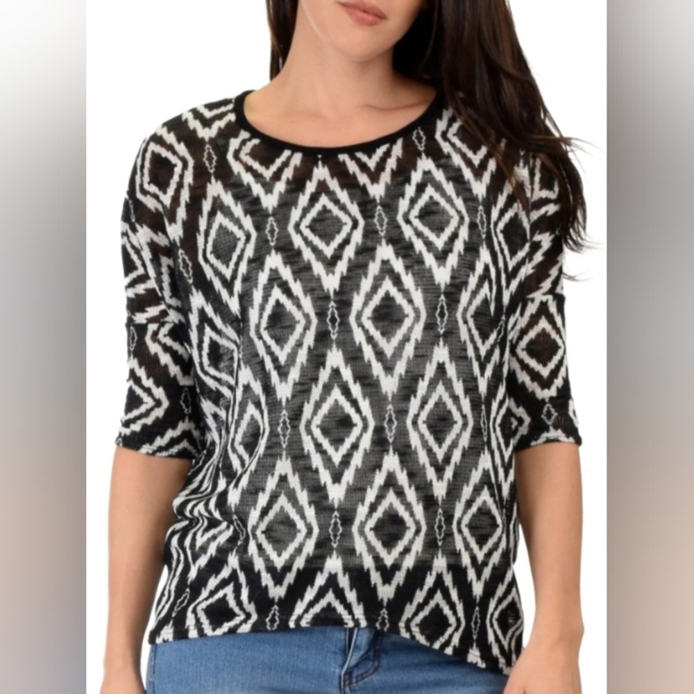 LYSS LOO FRENCH TERRY 3/4 SLEEVE PATTERNED LARGE TUNIC TOP BLACK WHITE